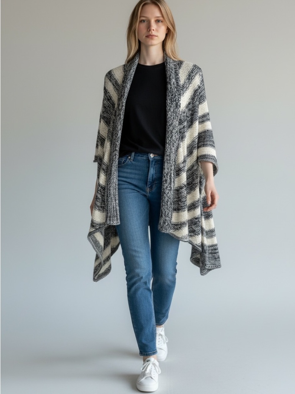 Striped Open-Front Knit Wrap Cardigan - Black & Cream
